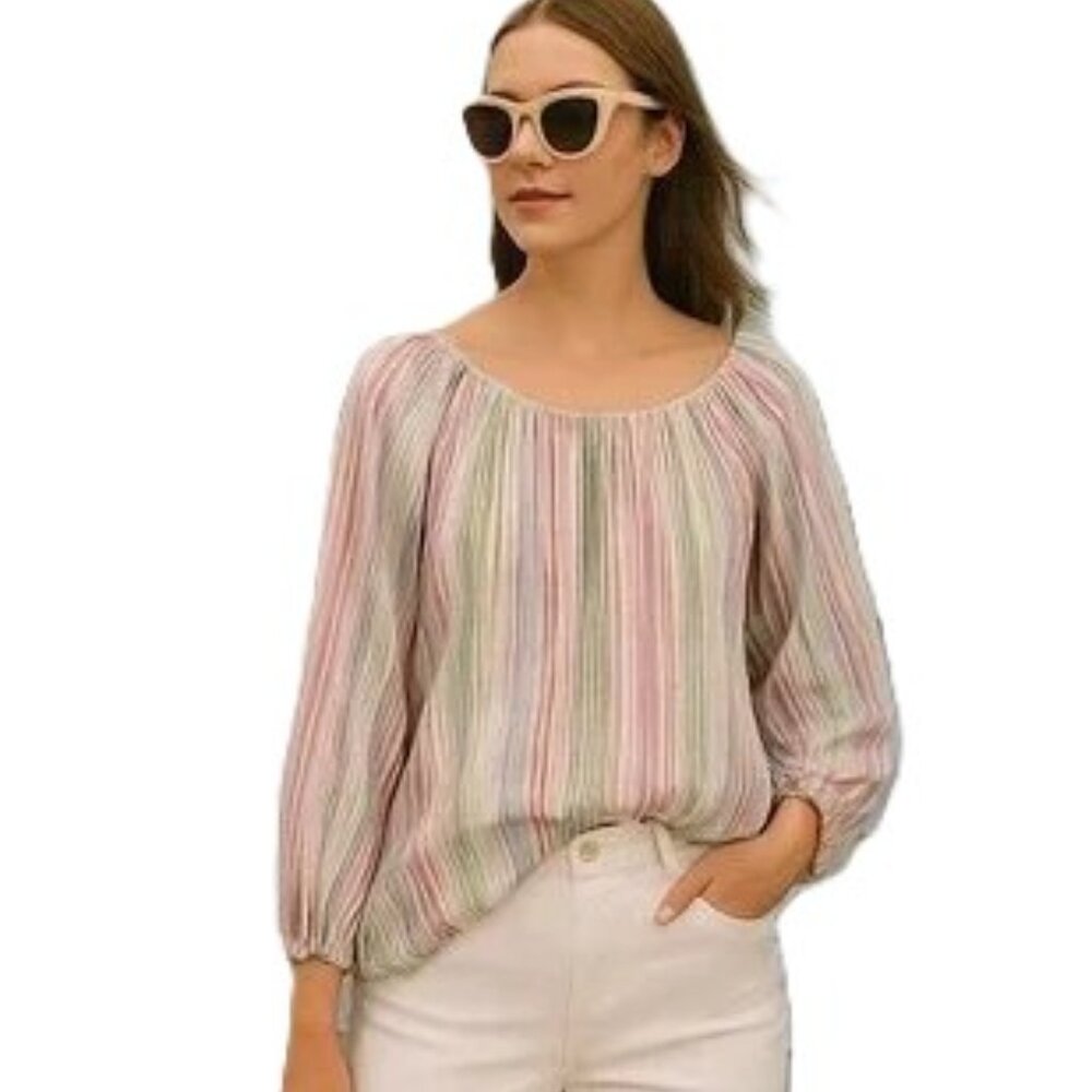 Tommy Bahama Linen Stripe Blouse Peasant Top Scoop‎ Neck Coastal Grandma Boho